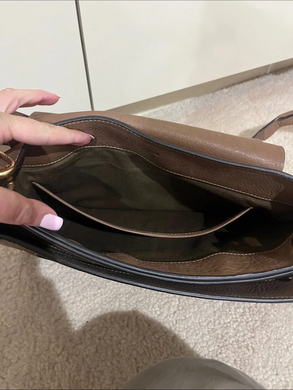 Ghurka Taupe Brown Leather Crossbody with Gold Ring Accent